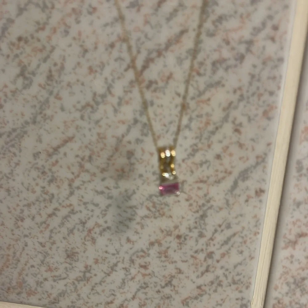 Pink sapphire, two tone, 14 karat gold modernist, diamond pendant - Picture 15 of 15